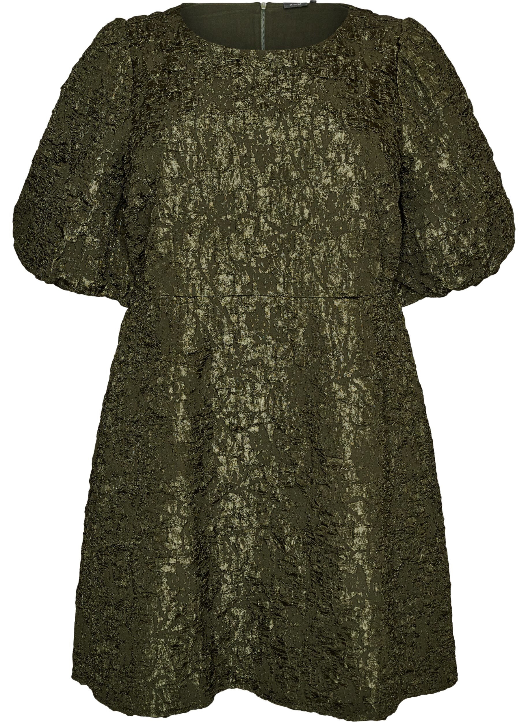 Robe en jacquard &agrave; coupe &eacute;vas&eacute;e avec manches bouffantes