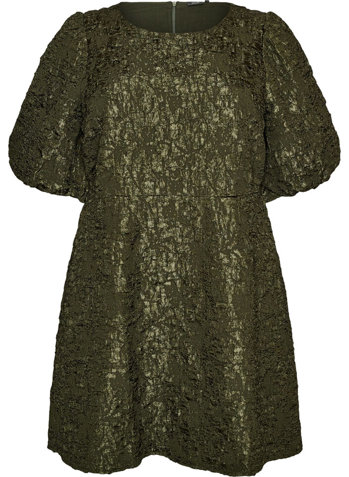Robe en jacquard &agrave; coupe &eacute;vas&eacute;e avec manches bouffantes, Vert fonc&eacute;, Packshot image number 0
