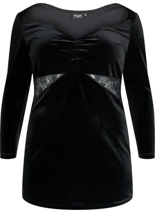 Robe courte en velours avec des touches de dentelle, Black, Packshot image number 0