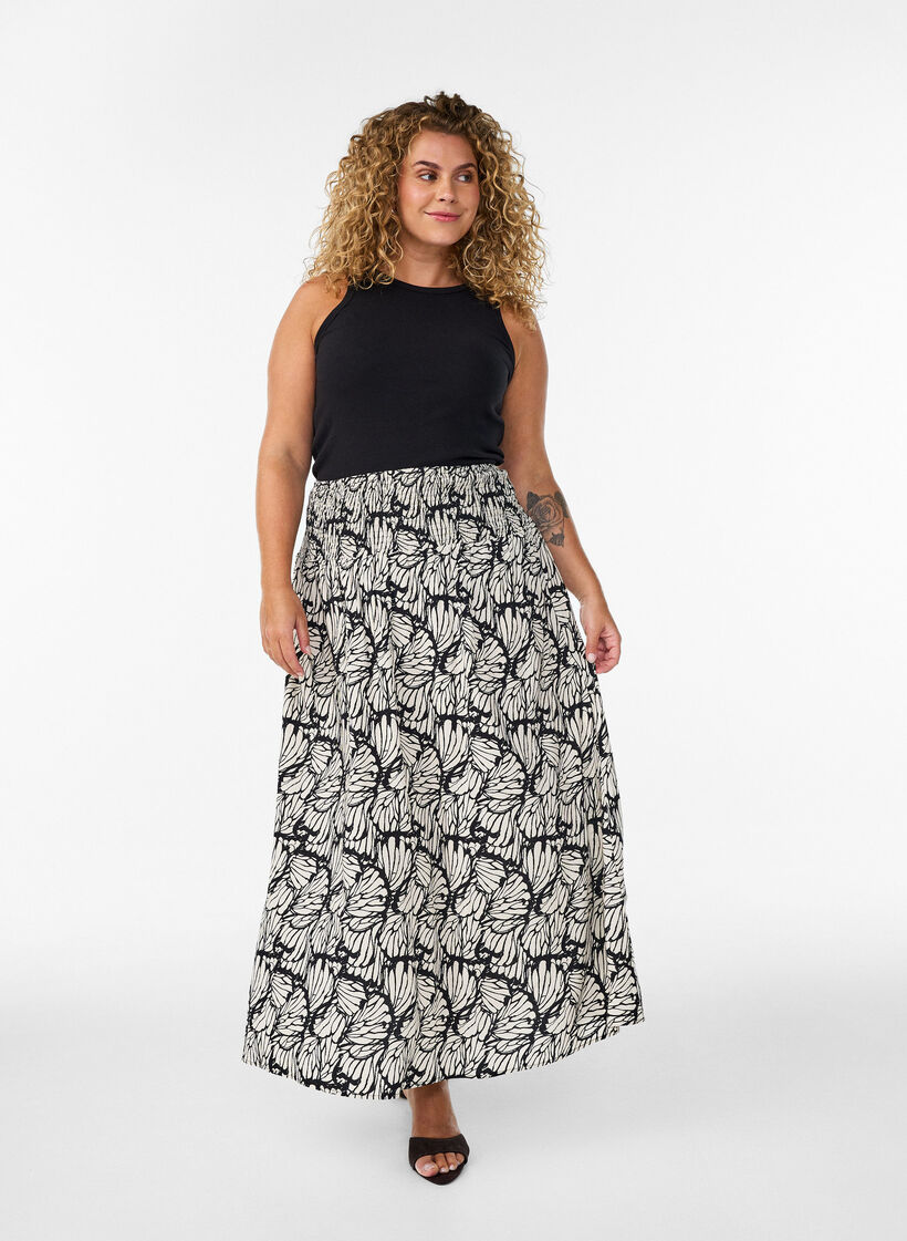 Jupe longue en viscose avec smocks, Noir, Model image number 0