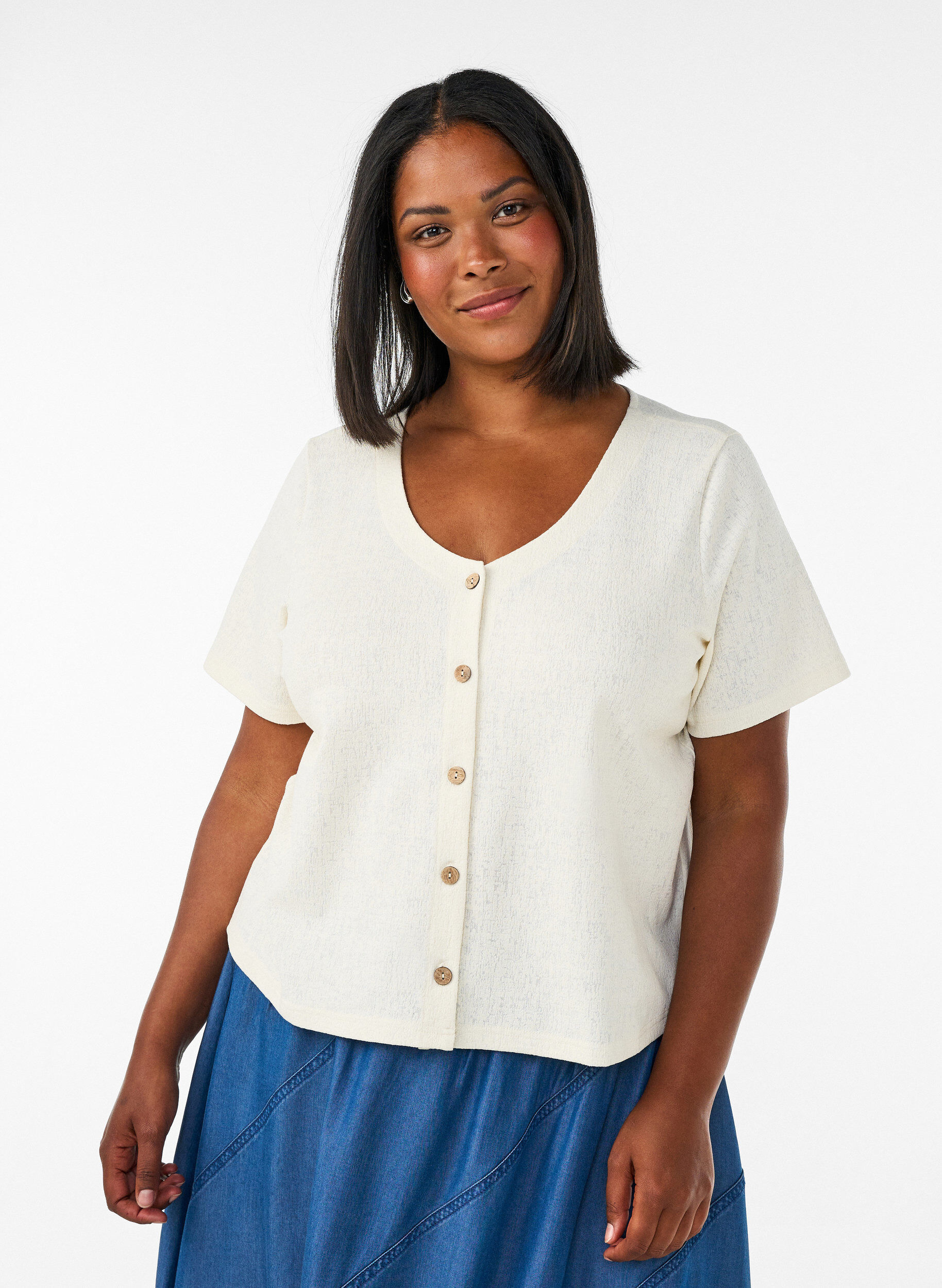 ZizziBlouse en coton textur&eacute; avec fermeture &agrave; boutons, Vanille, Model image number 0