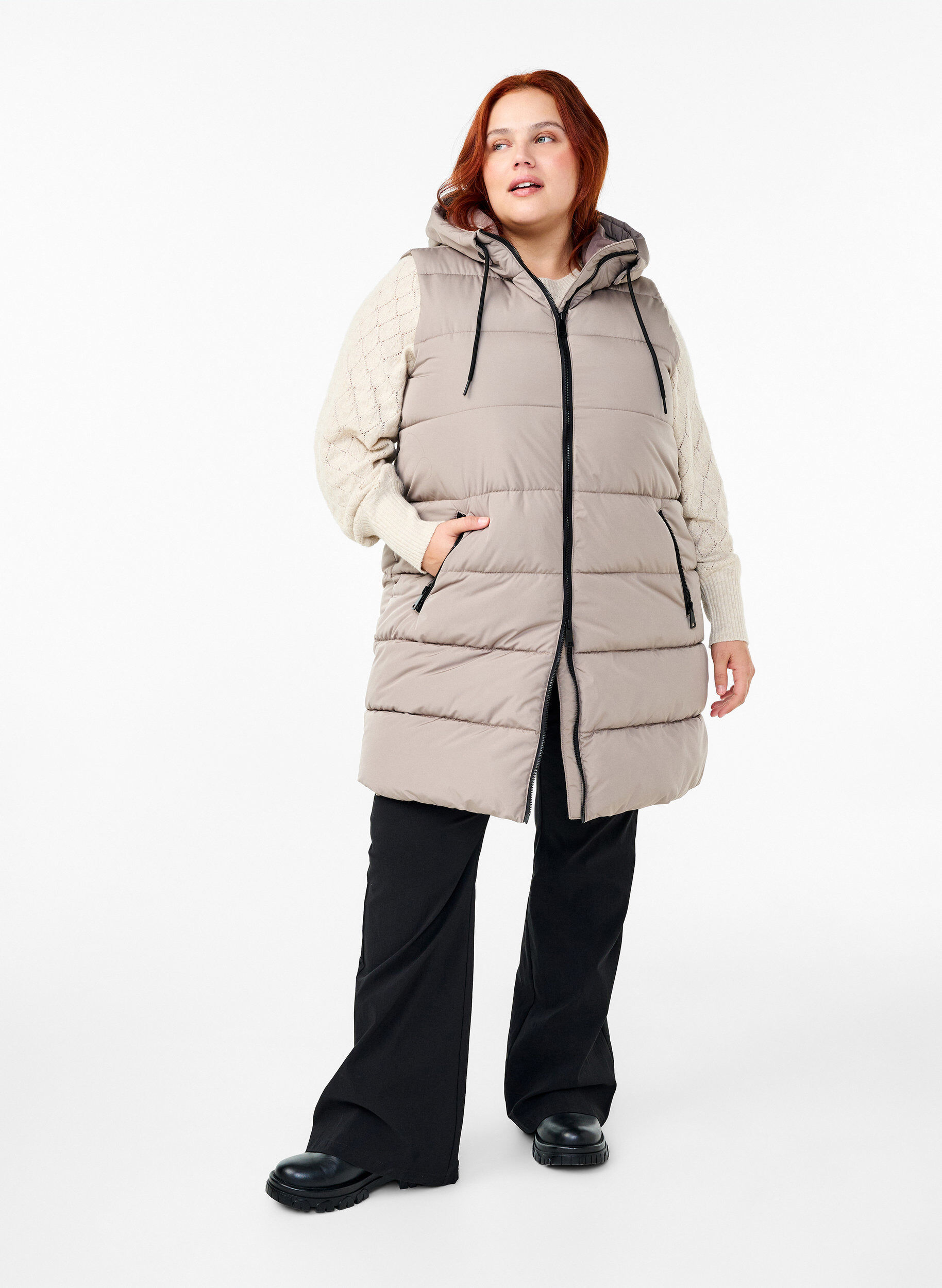 Zizzi Veste longue avec capuche et poches, Beige, Model image number 1