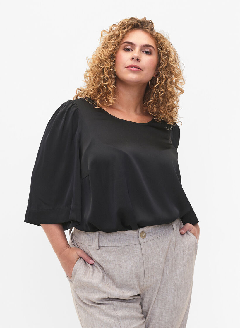 Blouse en satin avec manches mi-longues, Black, Model image number 0