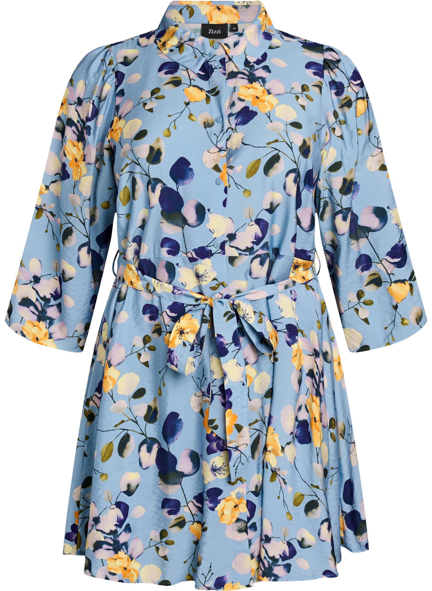 Zizzi Tunique imprim&eacute;e avec ceinture &agrave; nouer et manches 3/4, Bleu Clair, Packshot image number 0