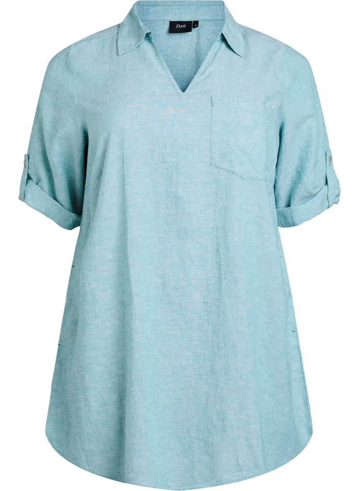 Tunique coupe trap&egrave;ze en lin et viscose, Bleu, Packshot image number 0