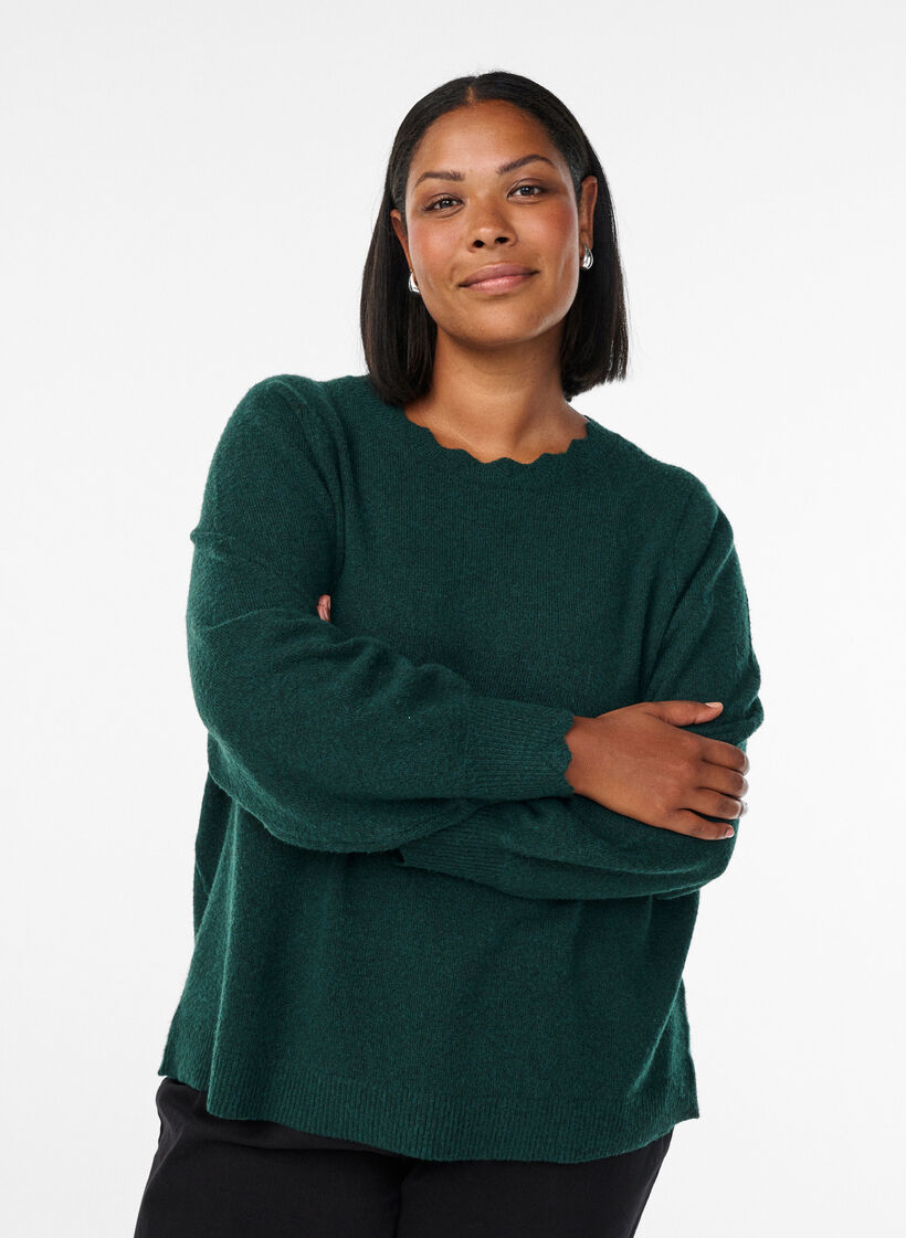 Blouse en maille &agrave; bords ondul&eacute;s, Vert fonc&eacute;, Model image number 0
