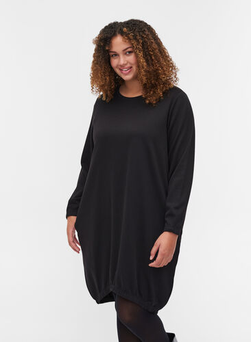 Plain, long-sleeved sweatshirt dress, Black, Model image number 0