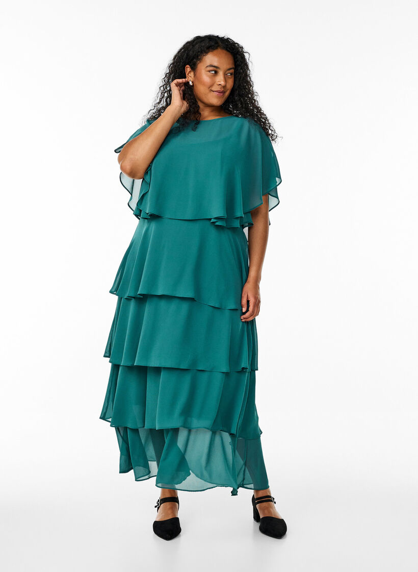 Robe maxi avec plusieurs couches de volants et cape amovible, Vert fonc&eacute;, Model image number 4