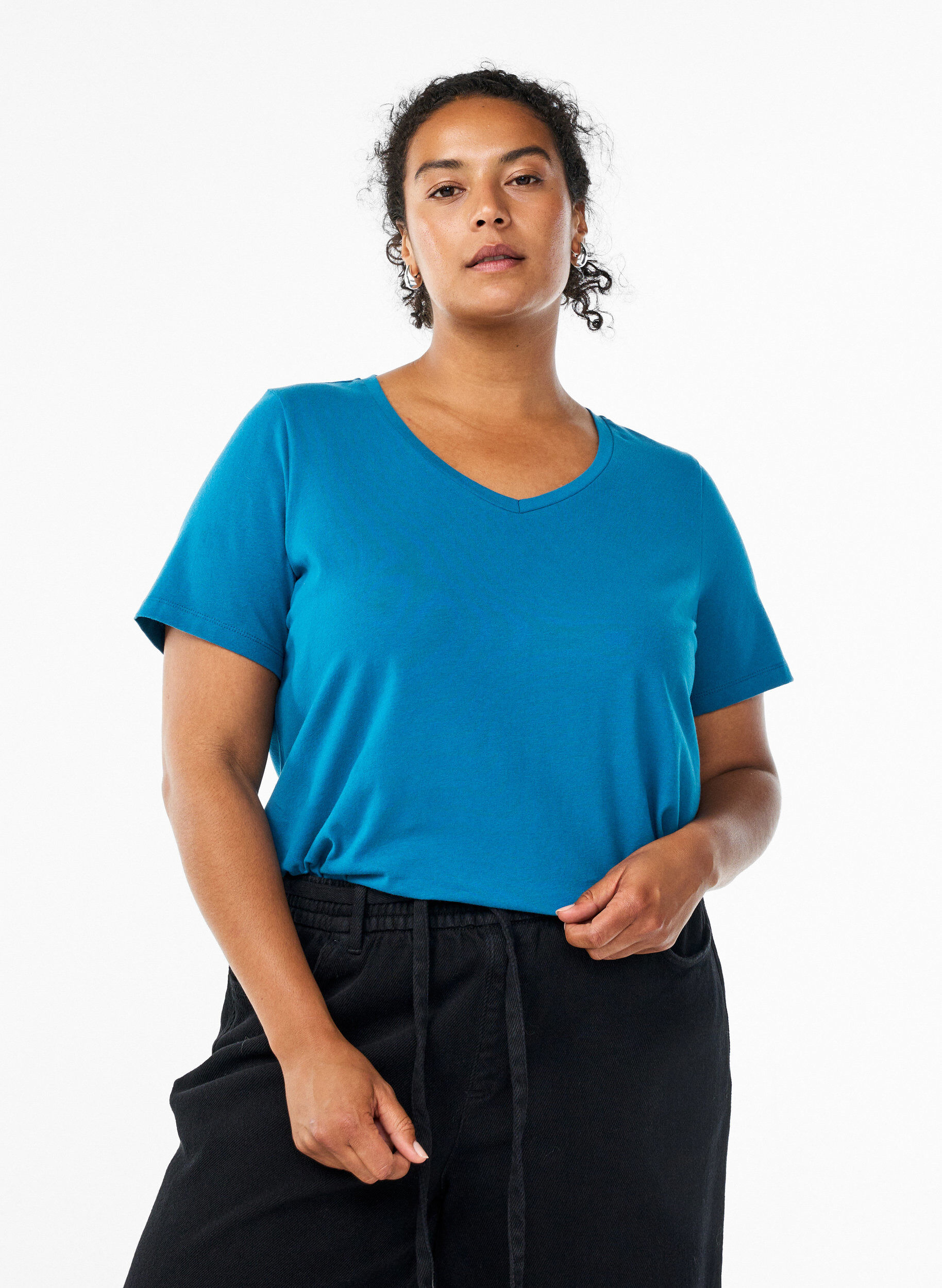 ZizziT-shirt basique en coton de couleur unie, Bleu p&eacute;trole, Model image number 0