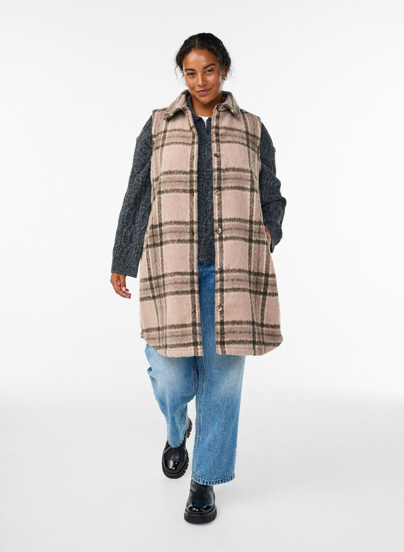 Gilet long à carreaux en tissu brossé, Beige, Model image number 1