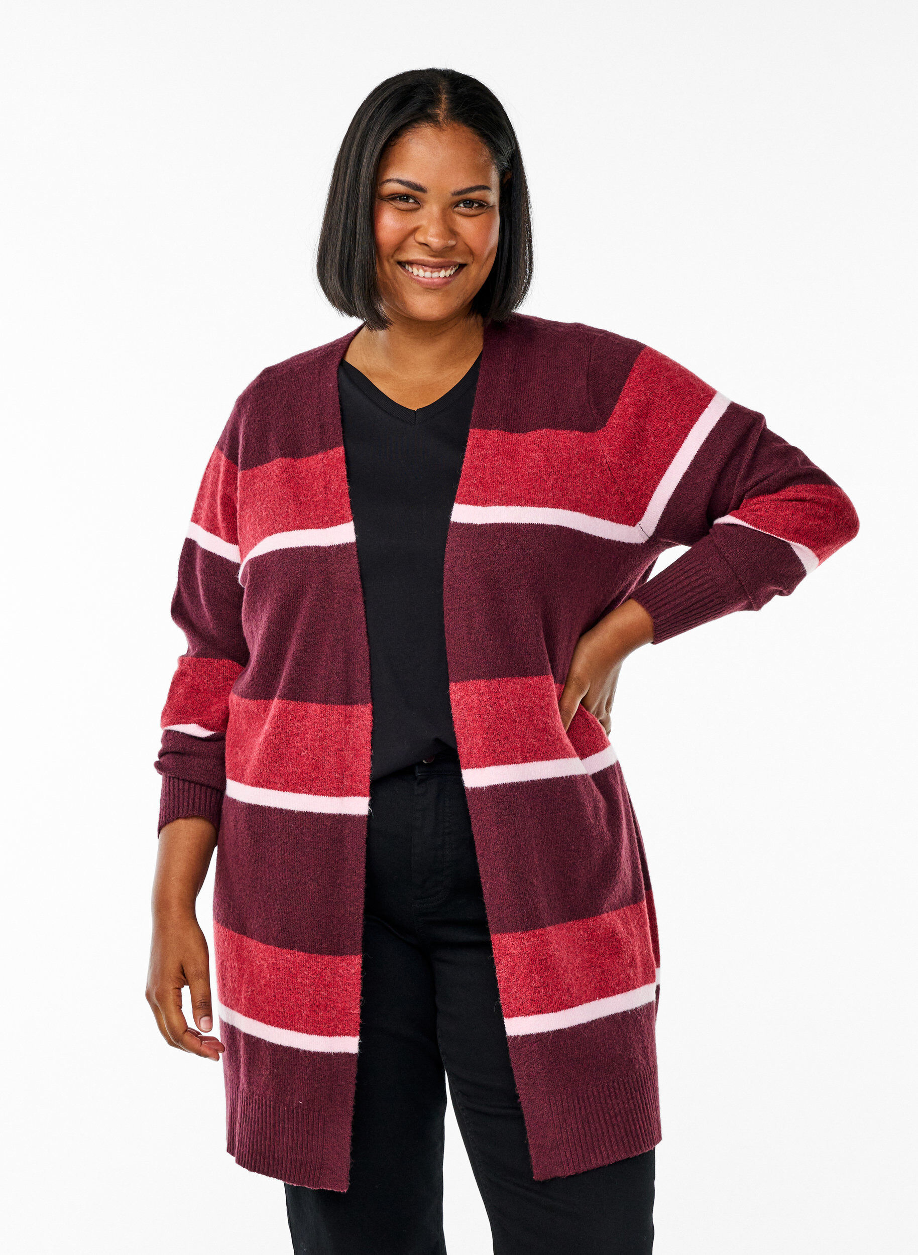 Cardigan long en tricot avec rayures larges, Bordeaux fonc&eacute;, Model