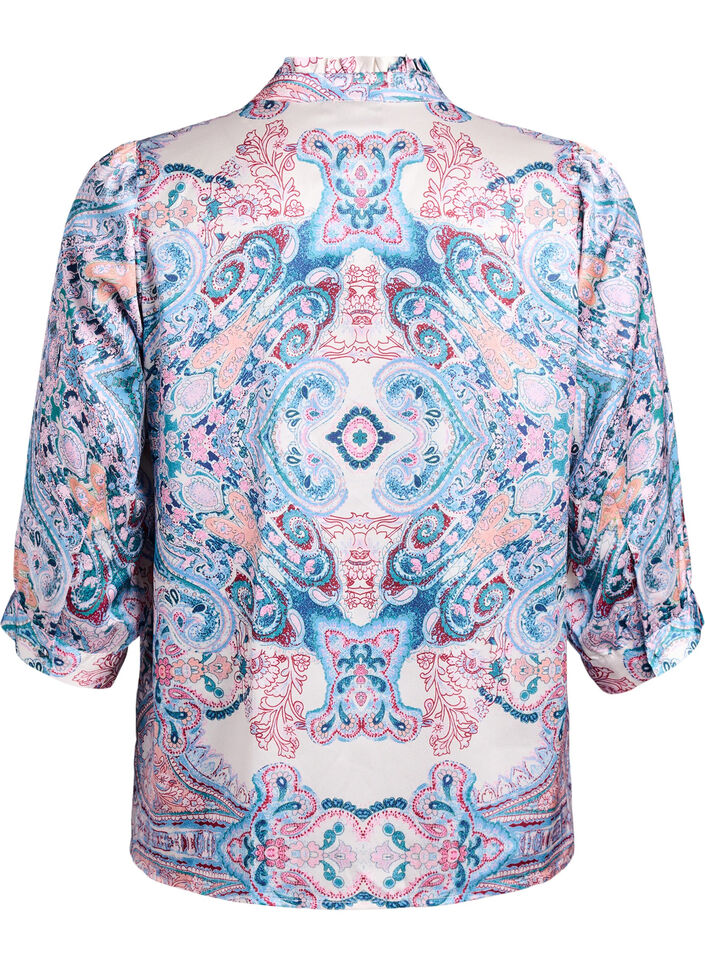 Blouse satin&eacute;e &agrave; imprim&eacute; cachemire et manches 3/4, Bleu, Packshot image number 1