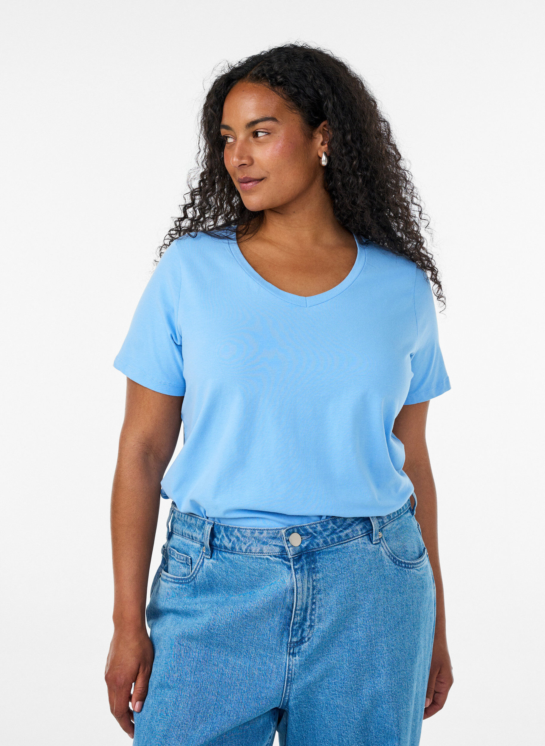 T-shirt en coton uni basique, Bleu Clair, Model