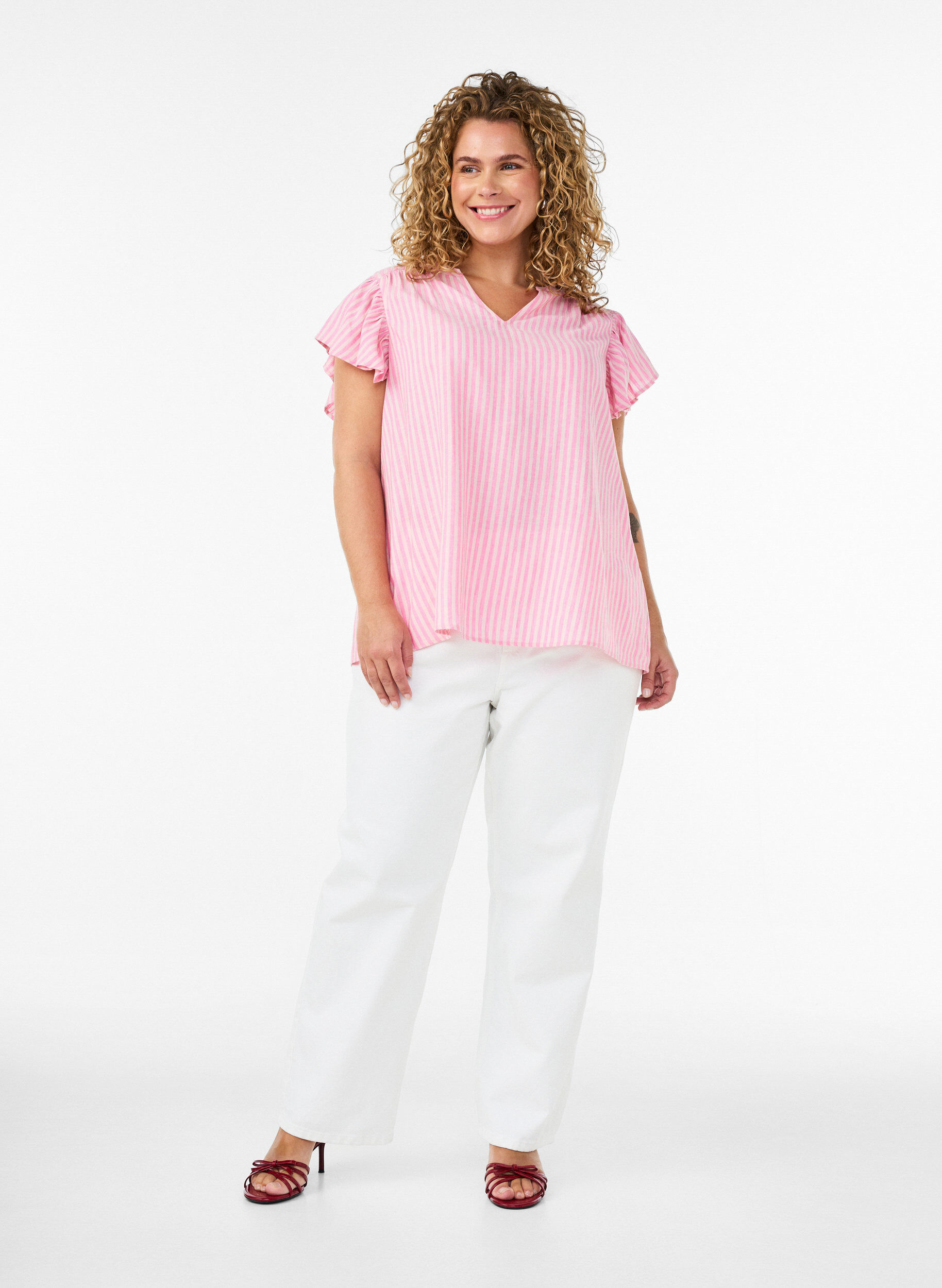 ZizziBlouse en viscose et lin avec manches &agrave; volants, Rose, Model image number 1