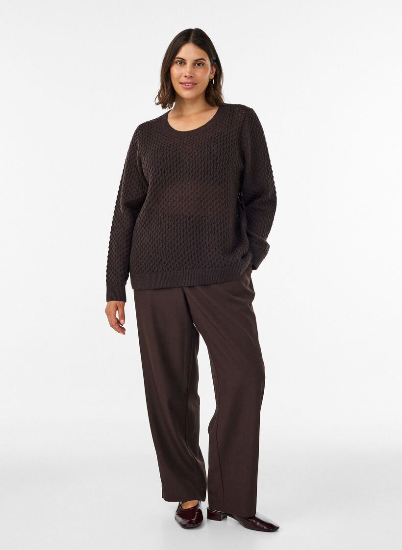 Blouse en maille avec motif ajour&eacute; textur&eacute;, Marron, Model image number 1
