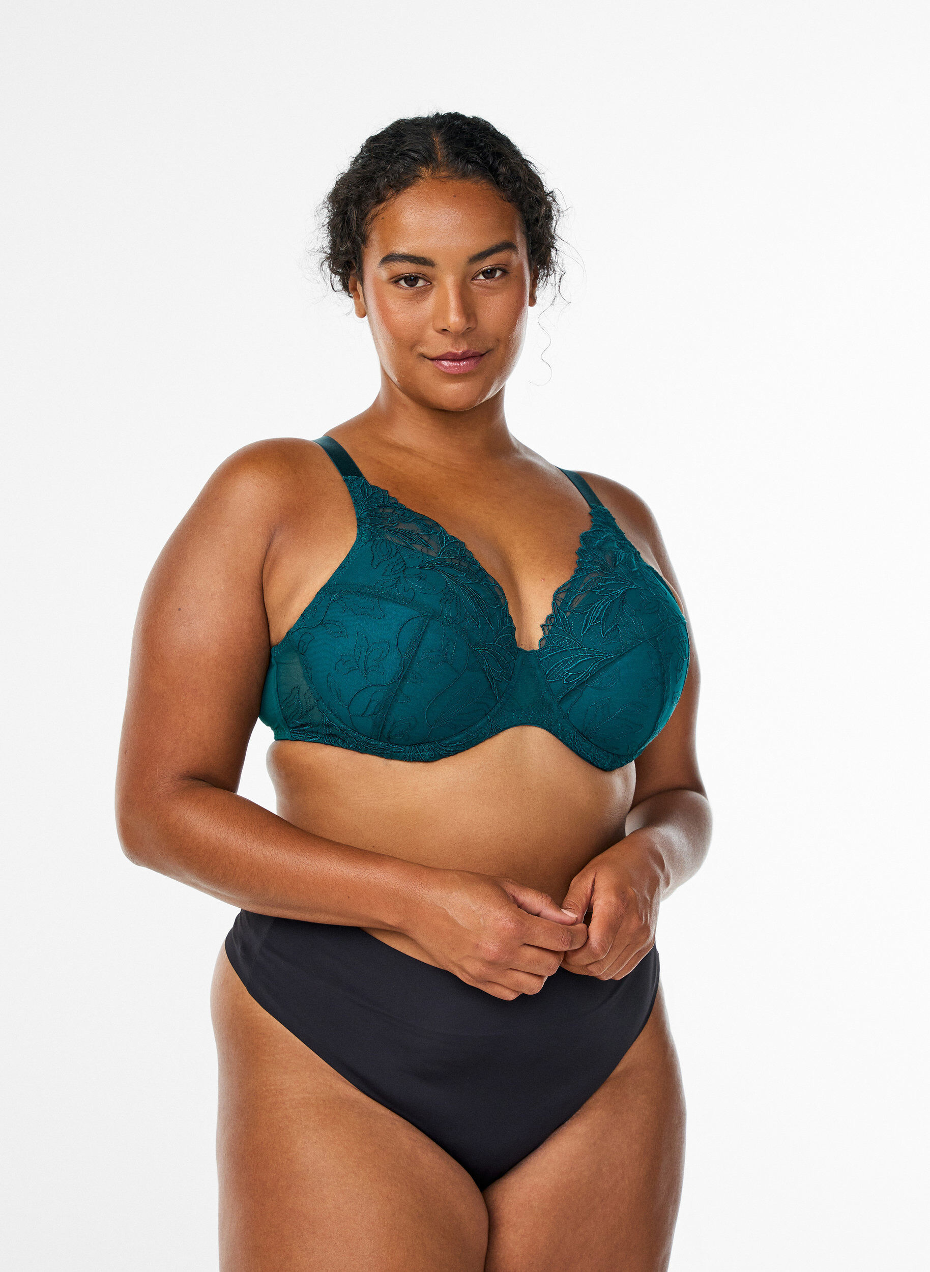 Zizzi Soutien-gorge rembourr&eacute; en dentelle avec armatures, Vert fonc&eacute;, Model image number 1