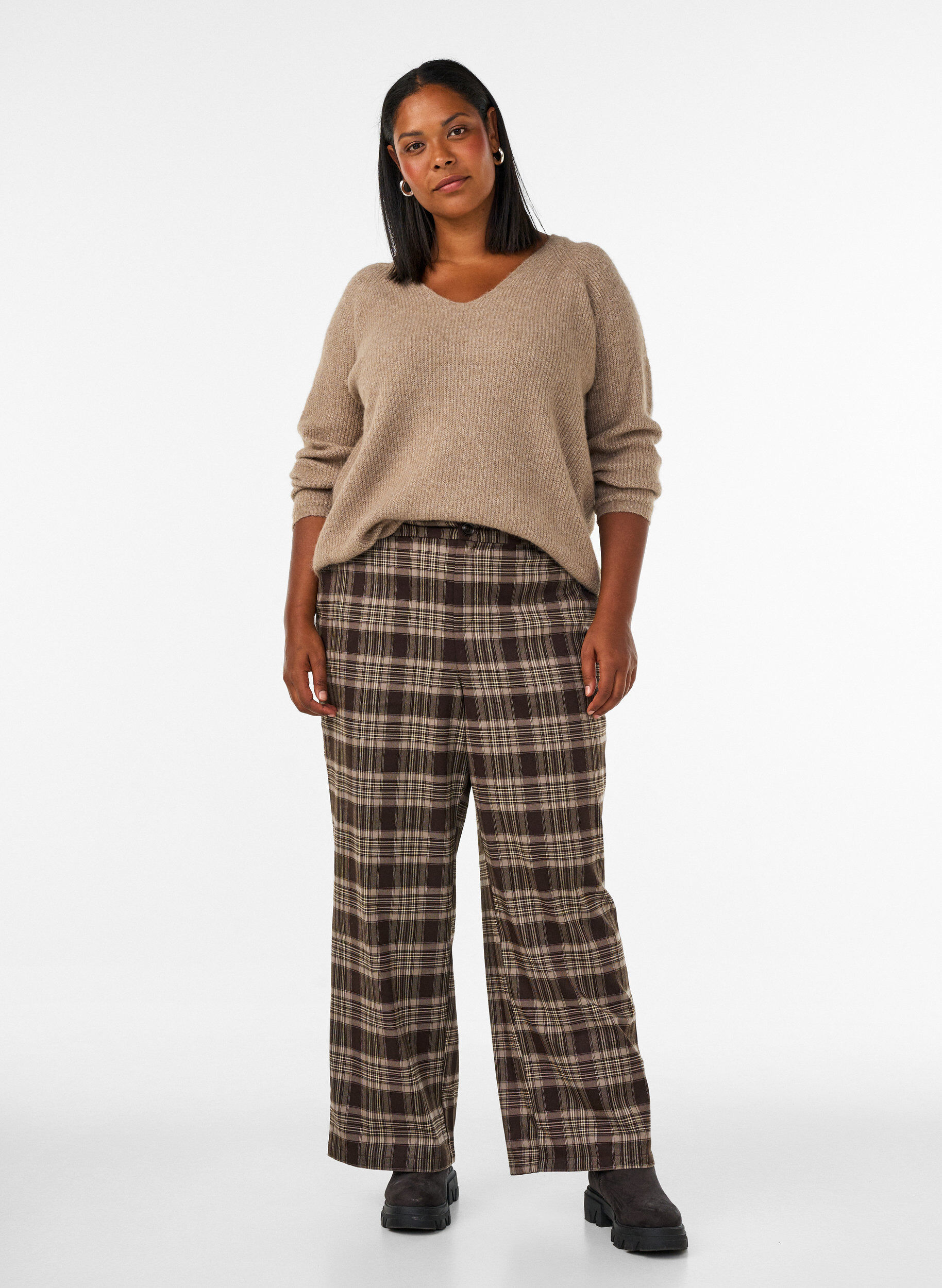 Pantalon &agrave; carreaux &agrave; jambes amples, Marron, Model