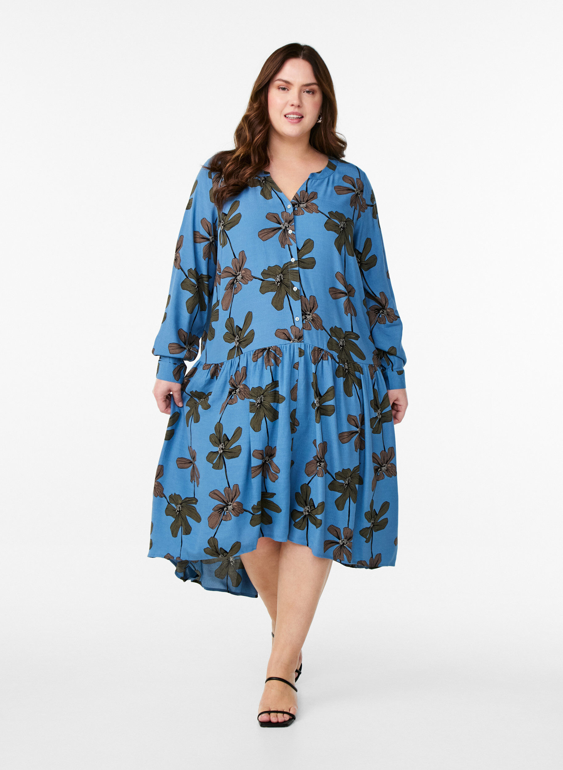 Zizzi Robe midi &agrave; manches longues en viscose imprim&eacute;e, Bleu, Model image number 1
