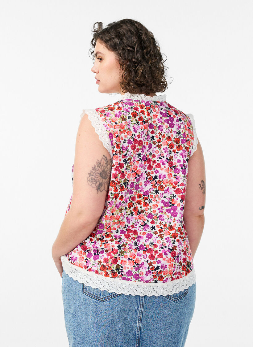 Blouse sans manches en coton avec imprim&eacute; floral et broderie anglaise, Rose, Model image number 2