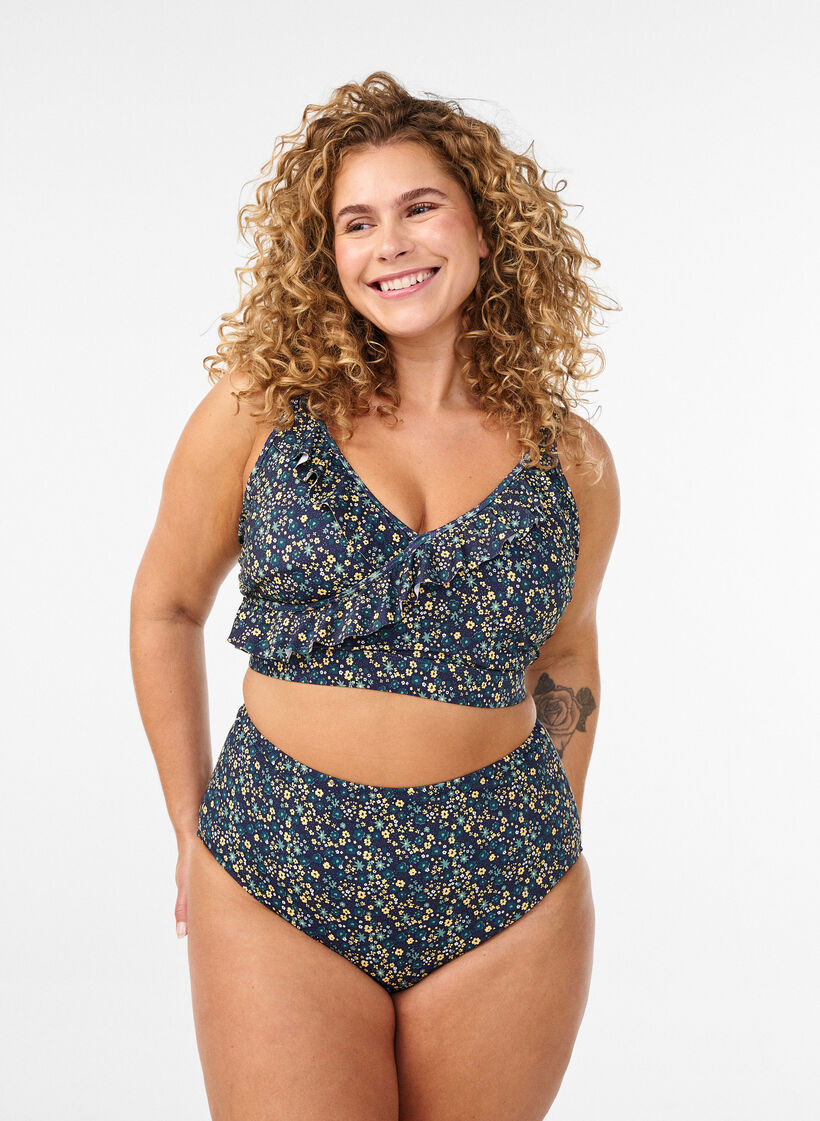 Culotte de bikini imprim&eacute;e et taille haute, Vert, Model image number 0