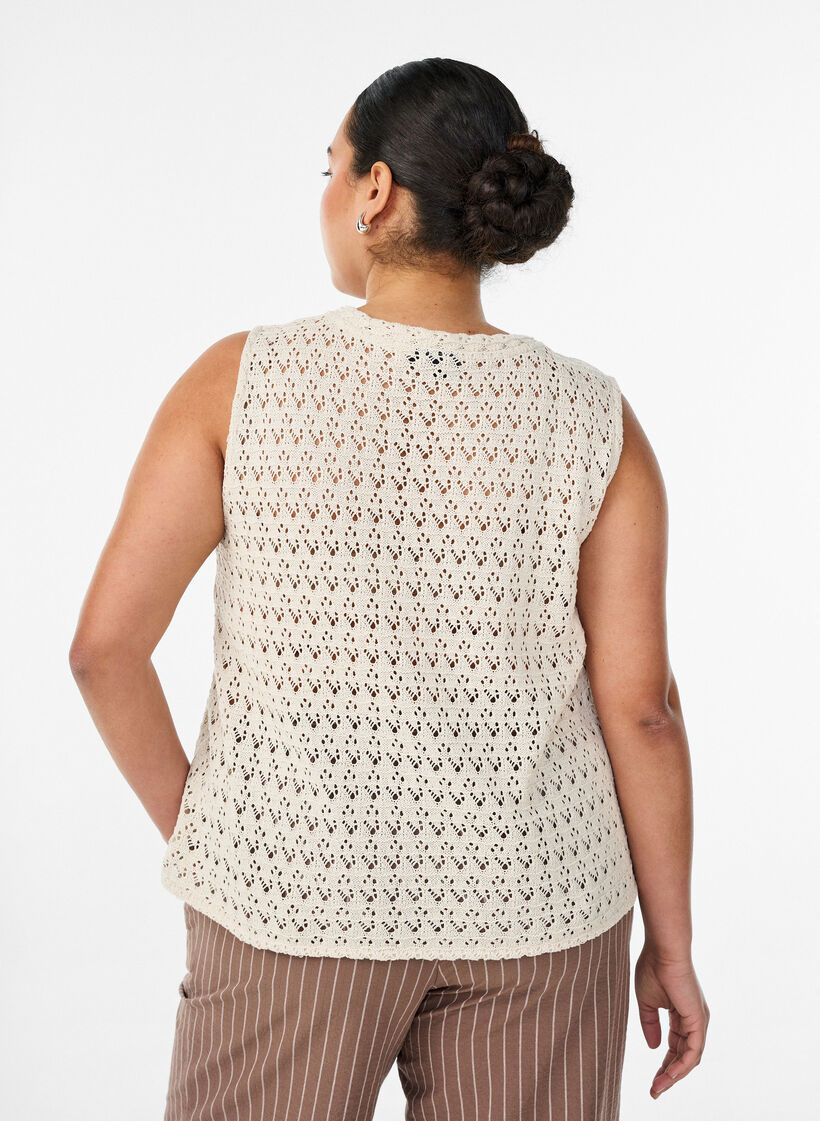 Blouse sans manches avec broderie ajour&eacute;e et col V, Beige, Model image number 2