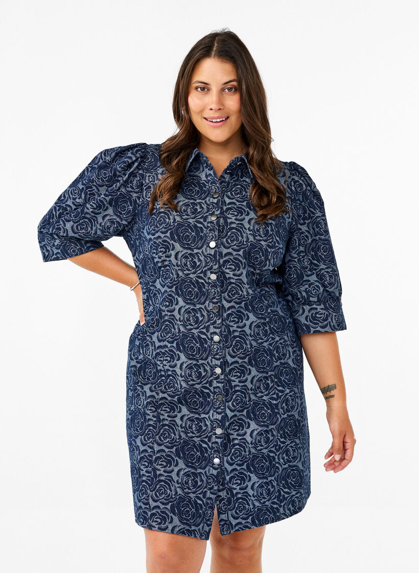 Robe chemise en jean courte avec motif de rose, Denim Rose AOP, Model image number 0