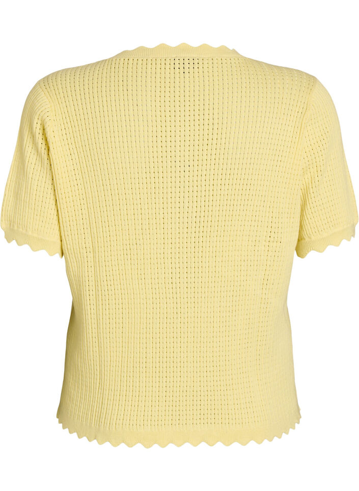 Blouse en maille &agrave; manches courtes avec motif ajour&eacute; et bords ondul&eacute;s, Jaune clair, Packshot image number 1