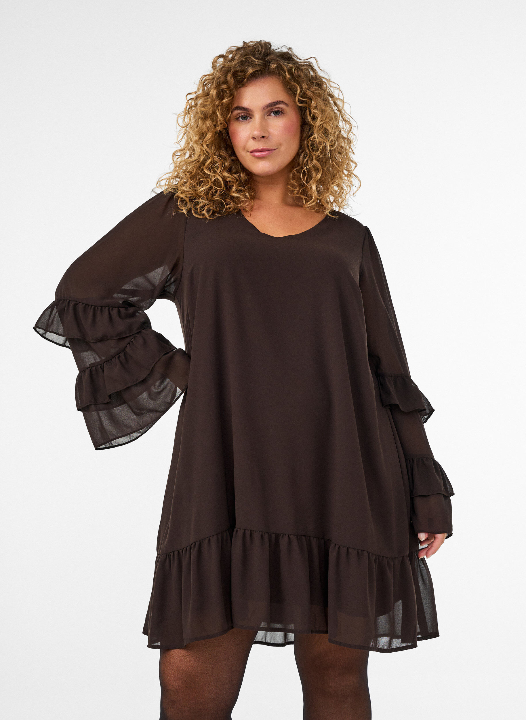 ZizziRobe courte avec manches transparentes &agrave; volants, Marron, Model image number 0