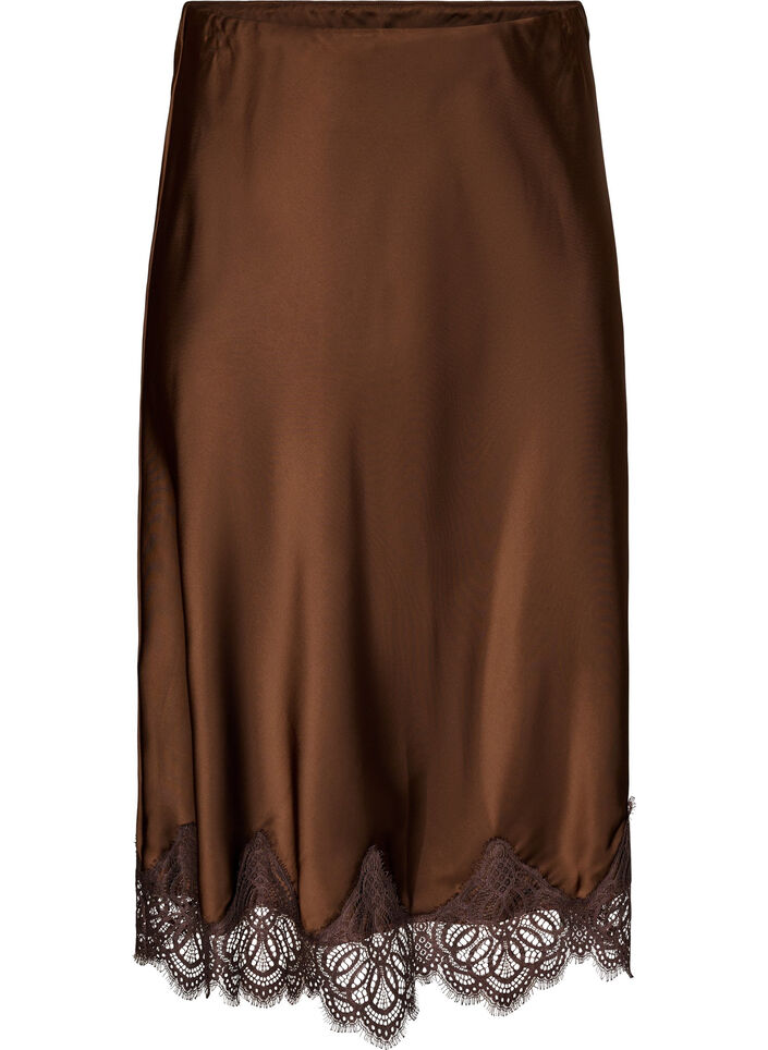 Jupe midi en satin avec bordure en dentelle, Marron, Packshot image number 0