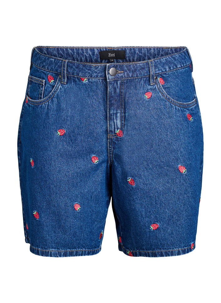 Shorts en jean avec fraises brod&eacute;es, Bleu, Packshot image number 0