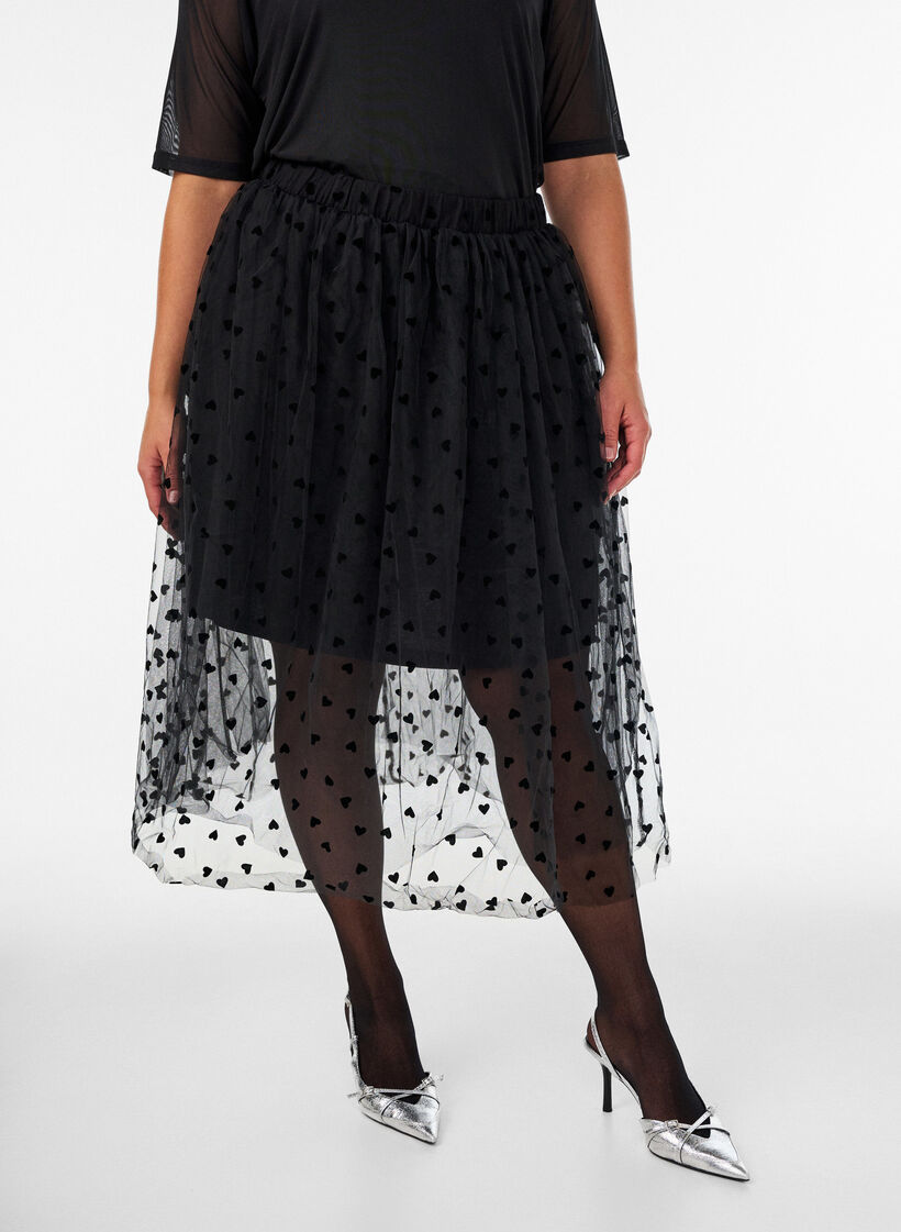 Jupe midi en tulle avec des c&oelig;urs, Noir, Model image number 0
