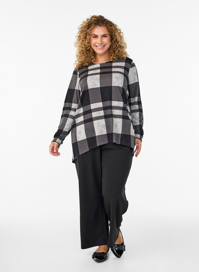 Chemisier à motifs à manches longues, Gris, Model image number 1