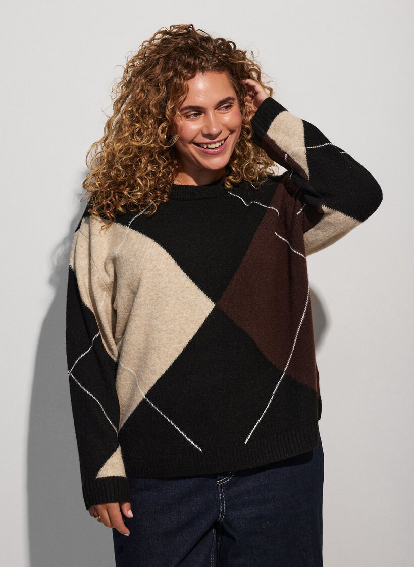 Tricot &agrave; motif arlequin, Noir, Model image number 0