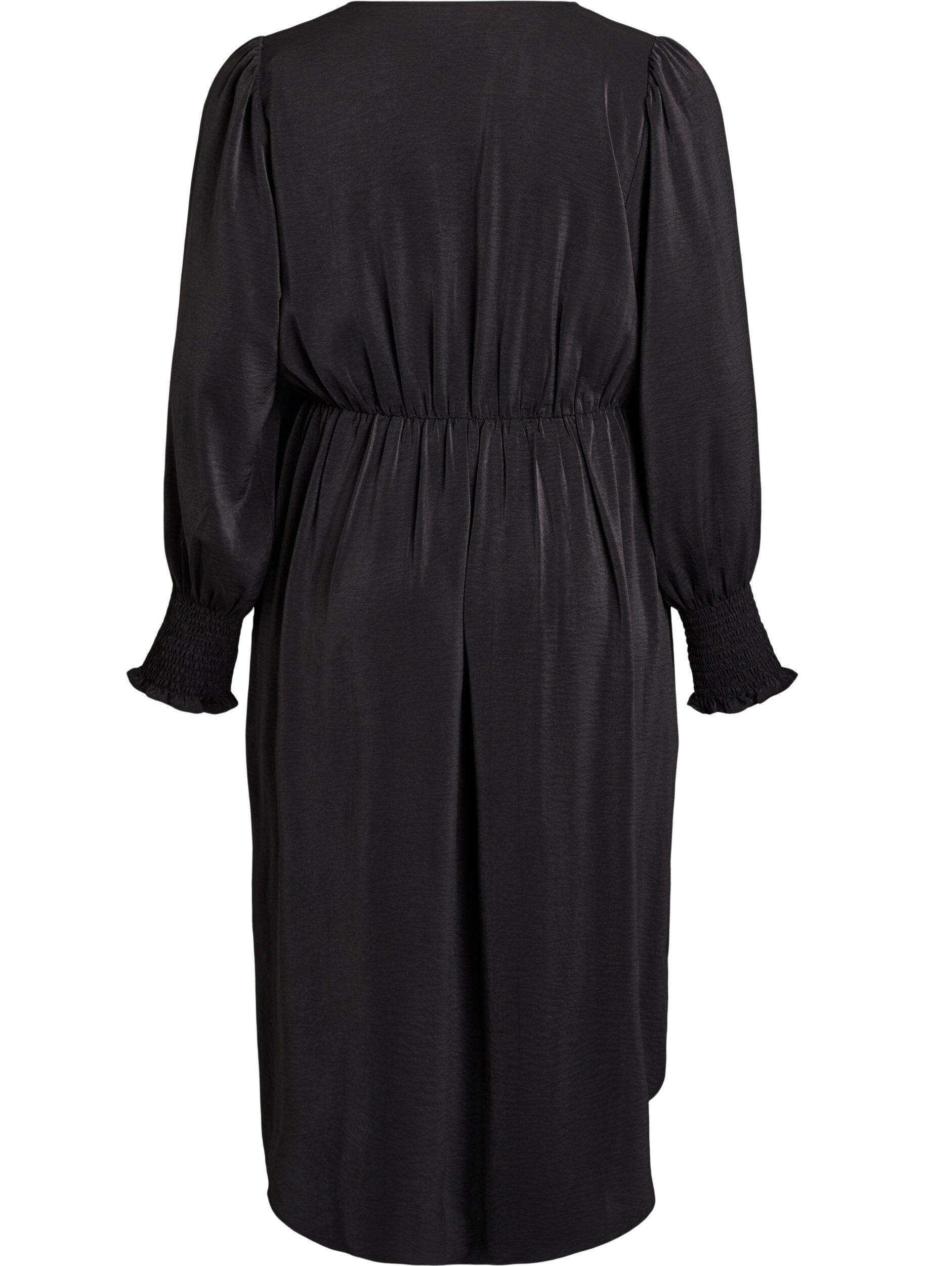 Zizzi Robe midi avec effet portefeuille et manches smock&eacute;es, Noir, Packshot image number 1