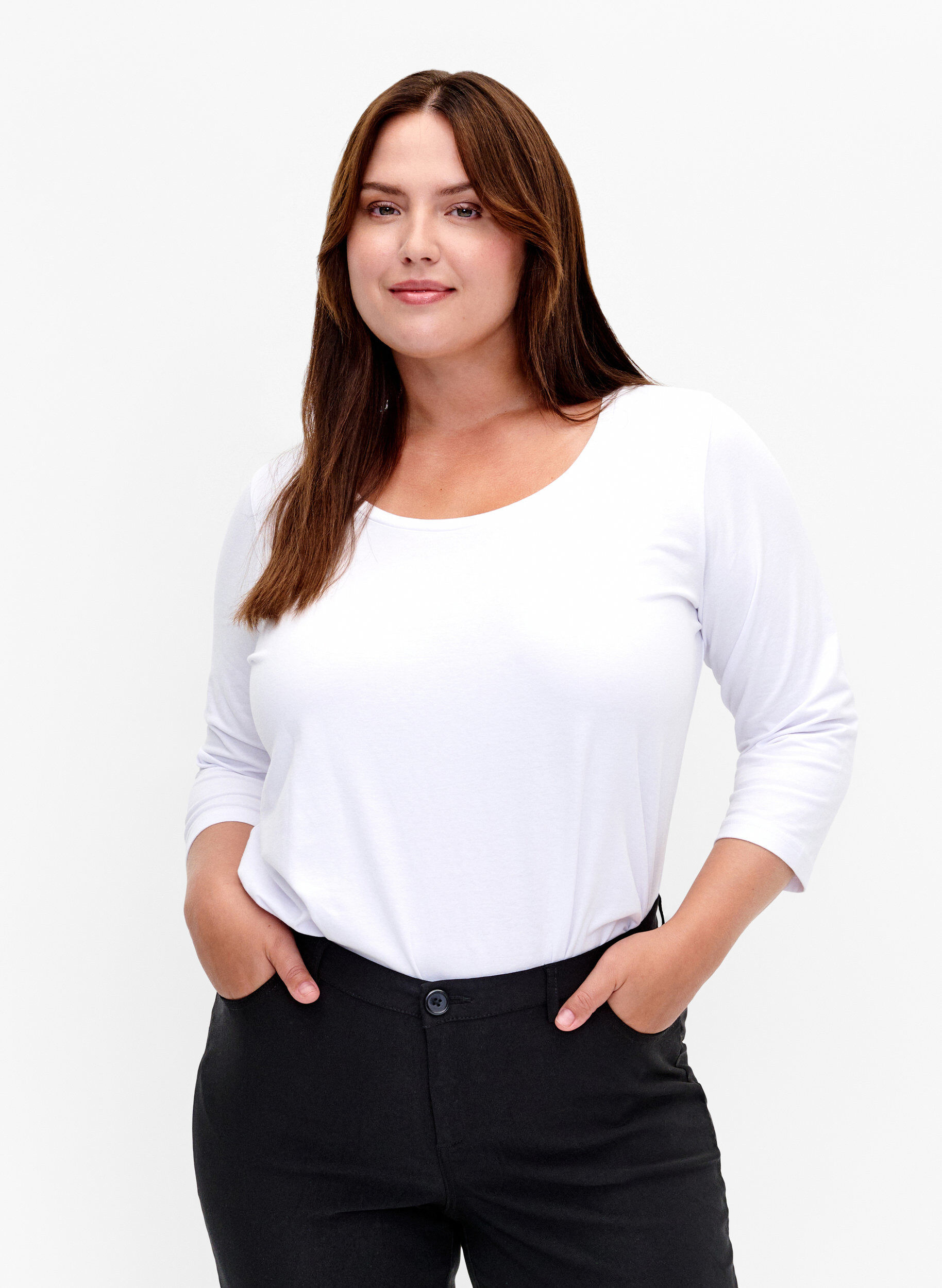 T-shirt en coton de base &agrave; manches 3/4, Blanc, Model