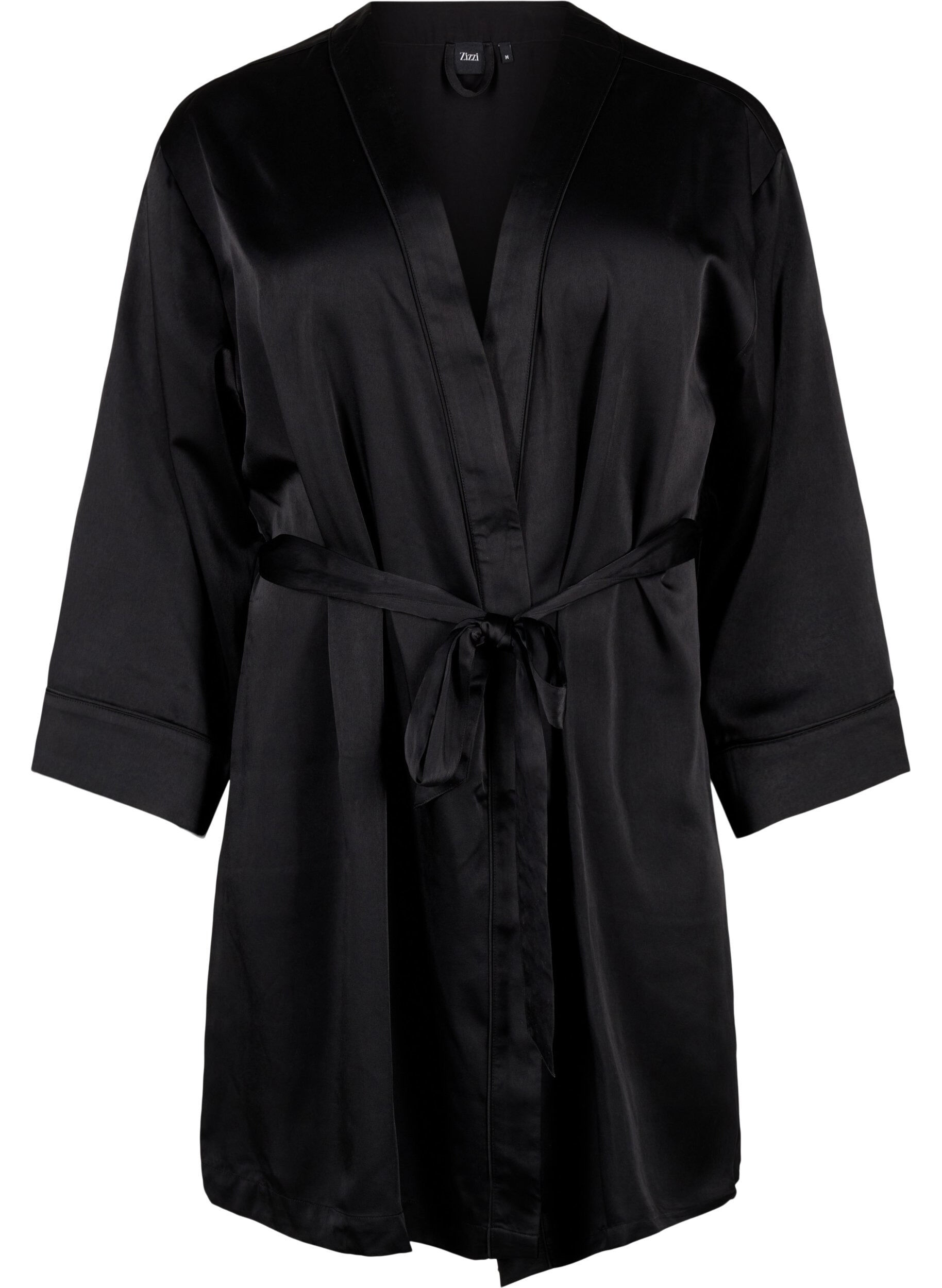 Zizzi Kimono en satin avec ceinture, Black, Packshot image number 0