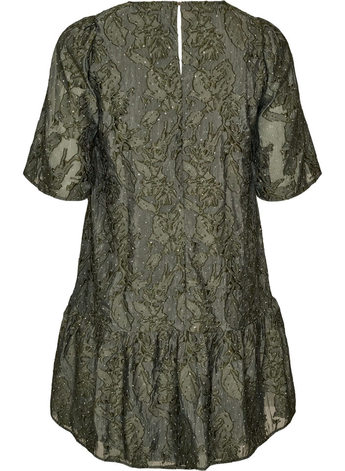Robe jacquard avec des d&eacute;tails scintillants et des manches bouffantes, Vert, Packshot image number 1