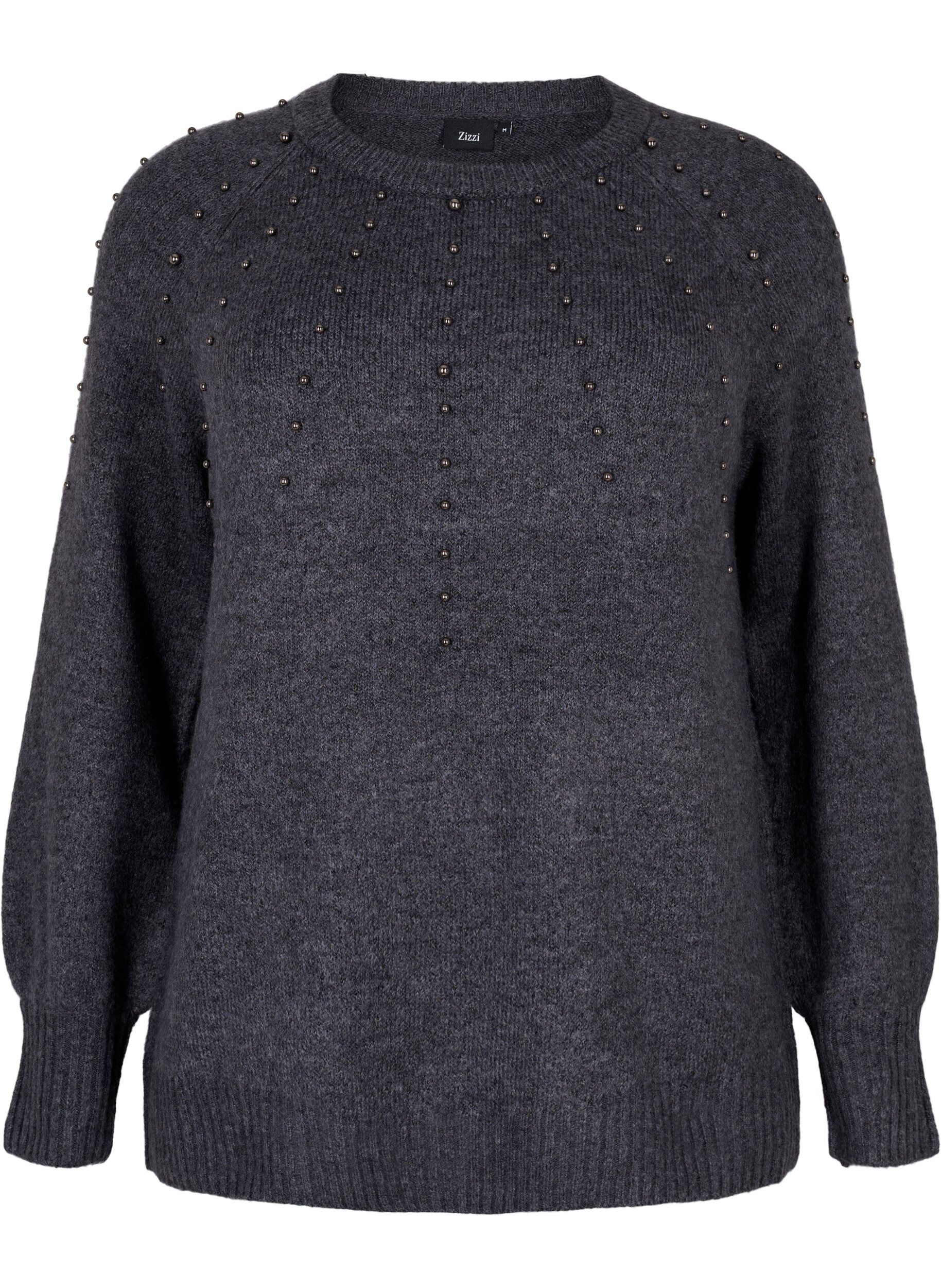 Zizzi Pull en maille avec perles, Dark Grey Melange, Packshot image number 0