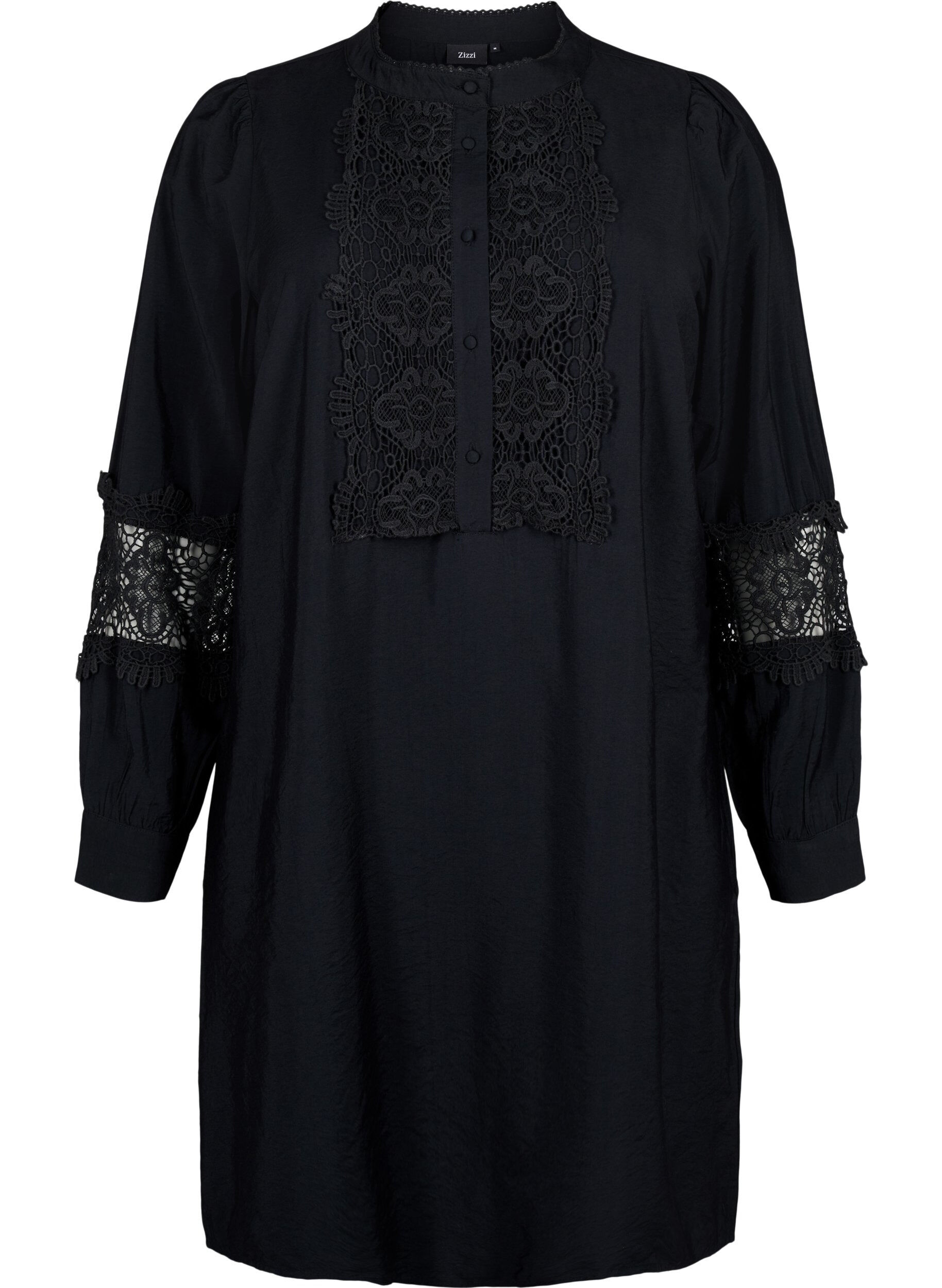 Zizzi Robe en viscose avec d&eacute;tails au crochet, Black, Packshot image number 0