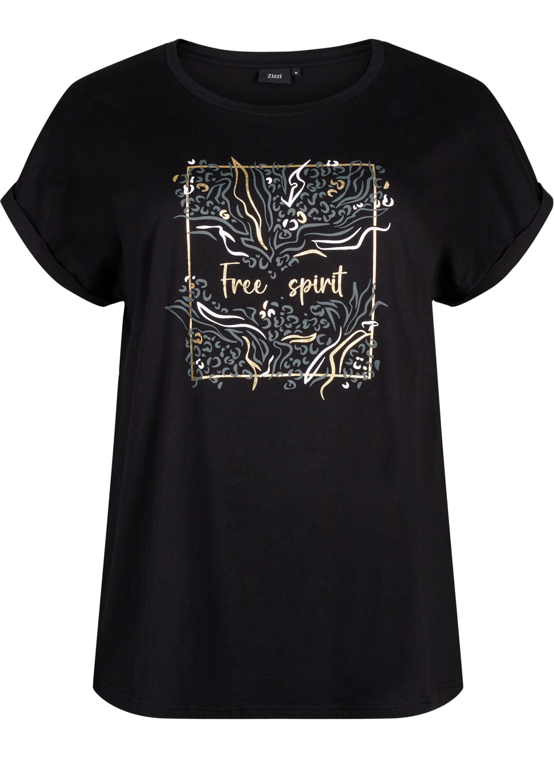 Zizzi T-shirt en coton biologique avec imprim&eacute; dor&eacute;, Black W. Free, Packshot image number 0