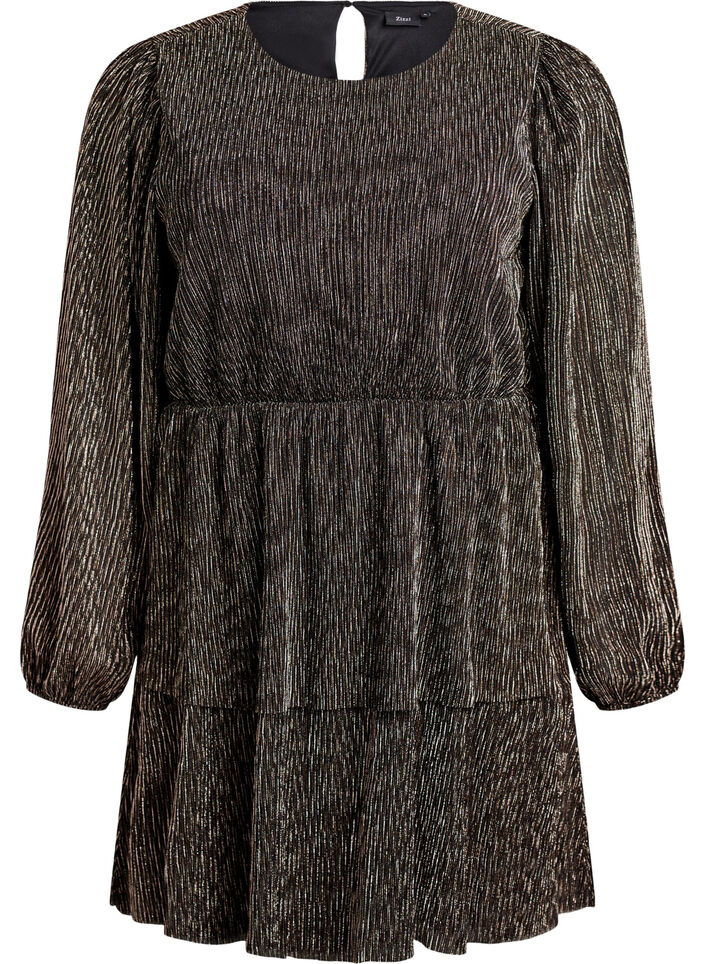 Robe courte à rayures pailletées et manches longues, Noir, Packshot image number 0