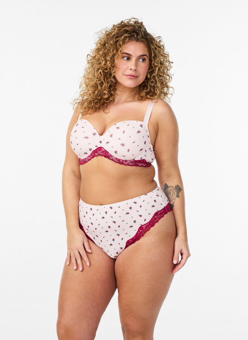 Culotte br&eacute;silienne avec imprim&eacute; floral et dentelle, Rose, Model image number 1