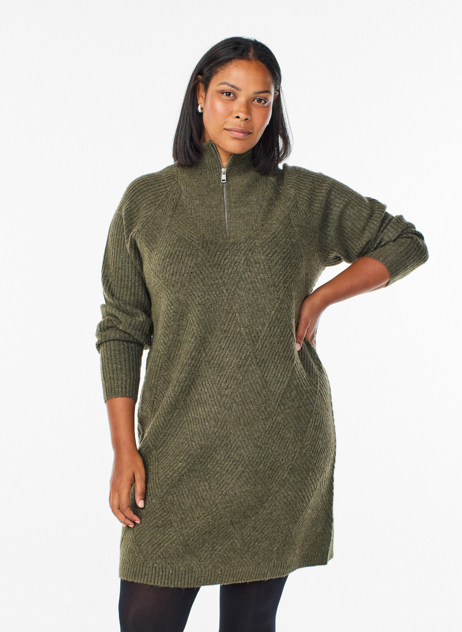Robe mi-longue en maille avec col montant, Vert Kaki, Model