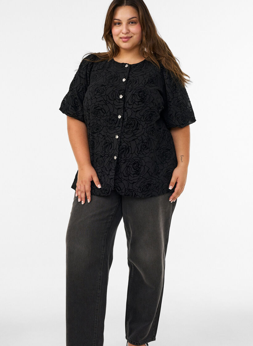 Blouse avec motif floral et manches ballon, Noir, Model image number 1