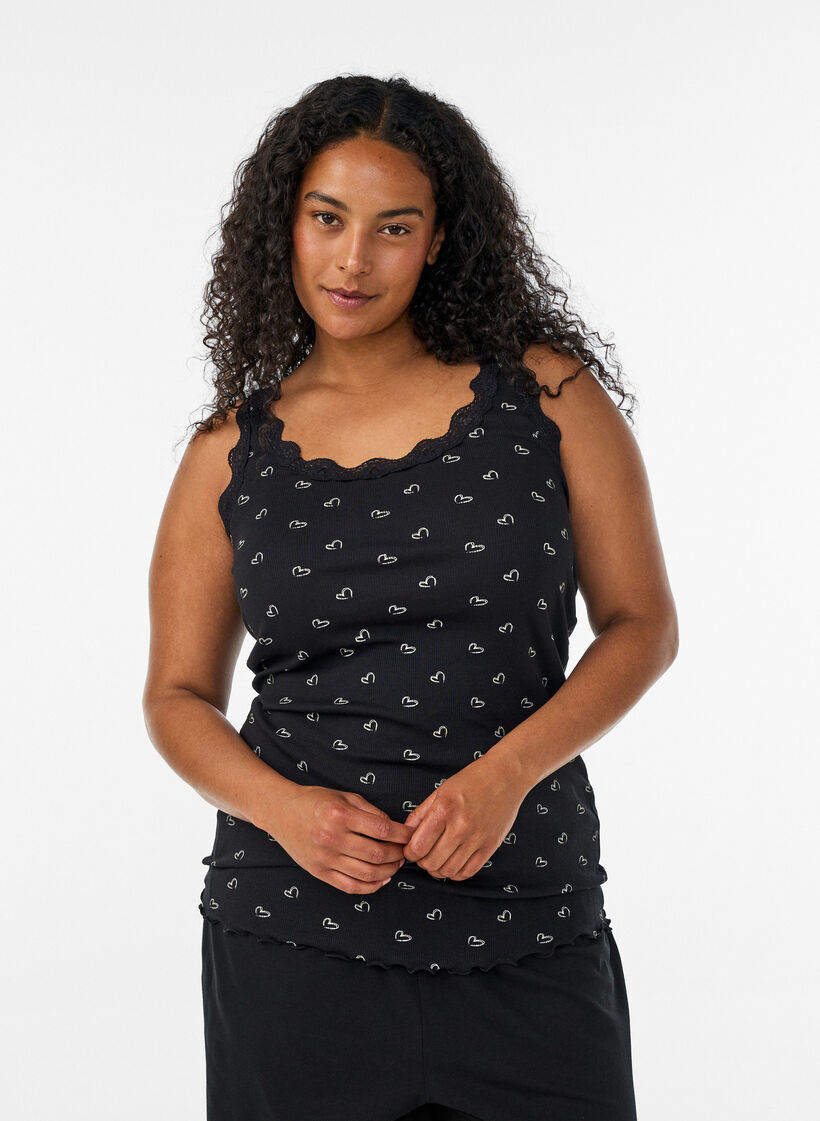 Top avec imprim&eacute; et bord en dentelle, Noir, Model image number 0