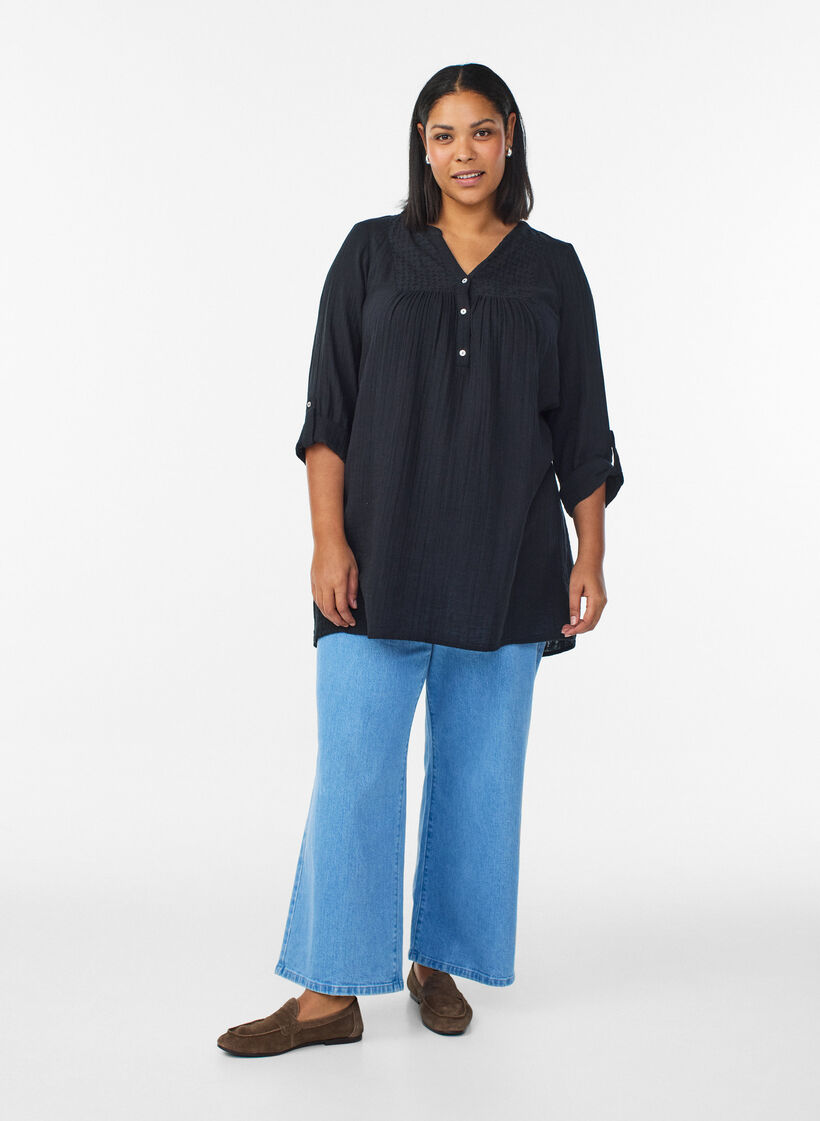 Tunique en mousseline de coton avec broderie anglaise, Noir, Model image number 1