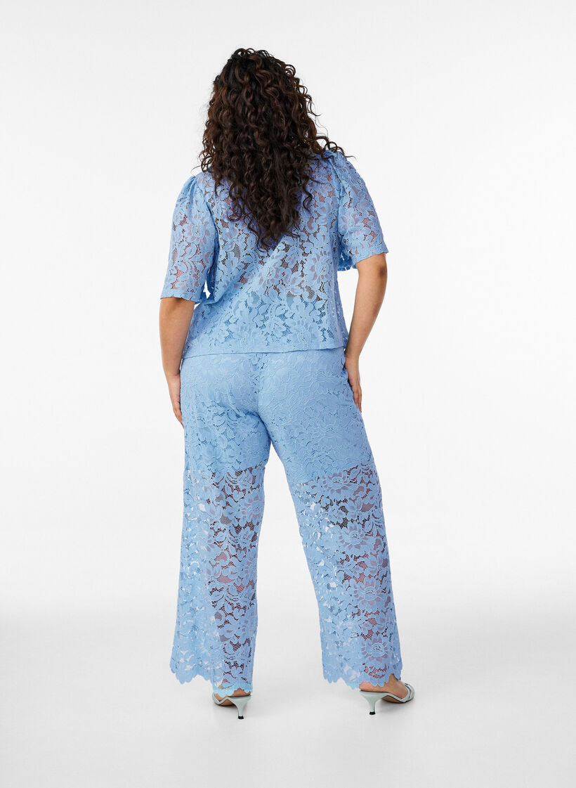 Pantalon taille haute en dentelle &agrave; coupe droite, Bleu, Model image number 1