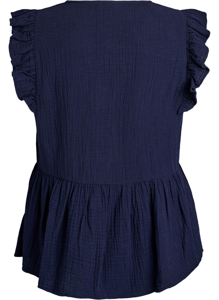 Blouse sans manches en mousseline de coton avec volants, Bleu, Packshot image number 1