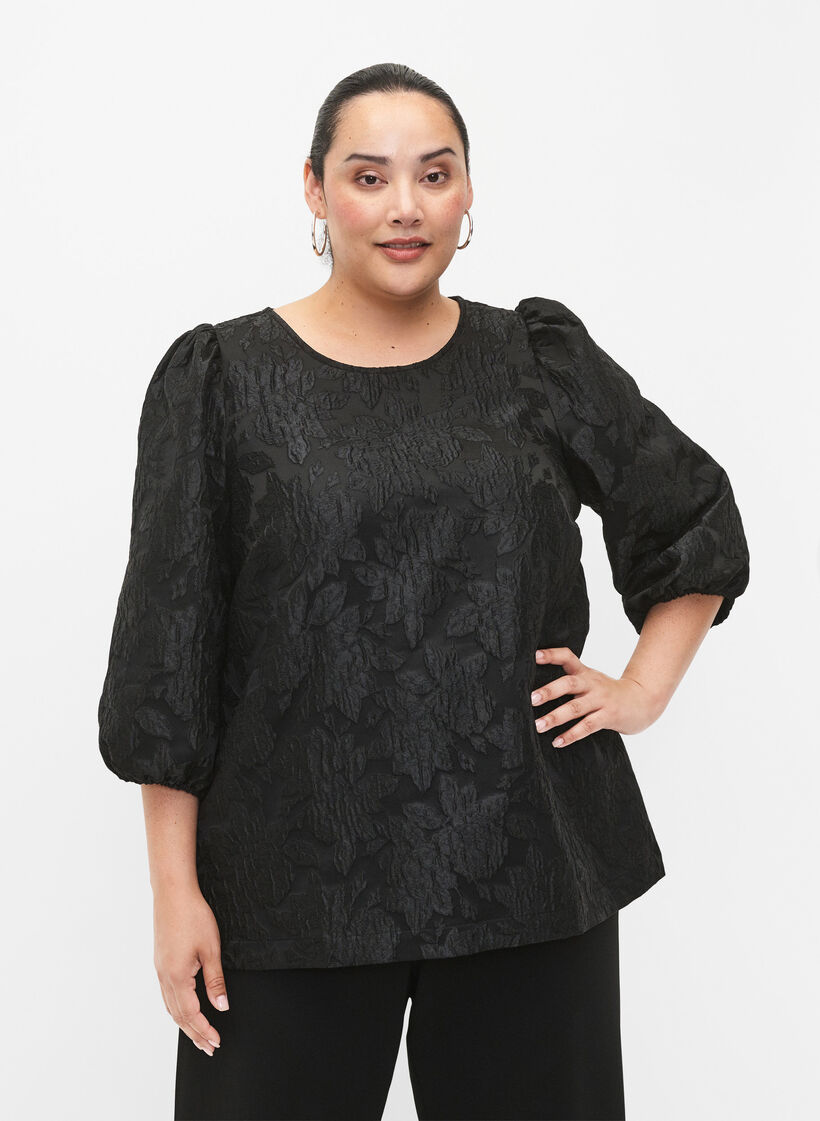 Blouse jacquard avec manches 3/4, Black, Model image number 0