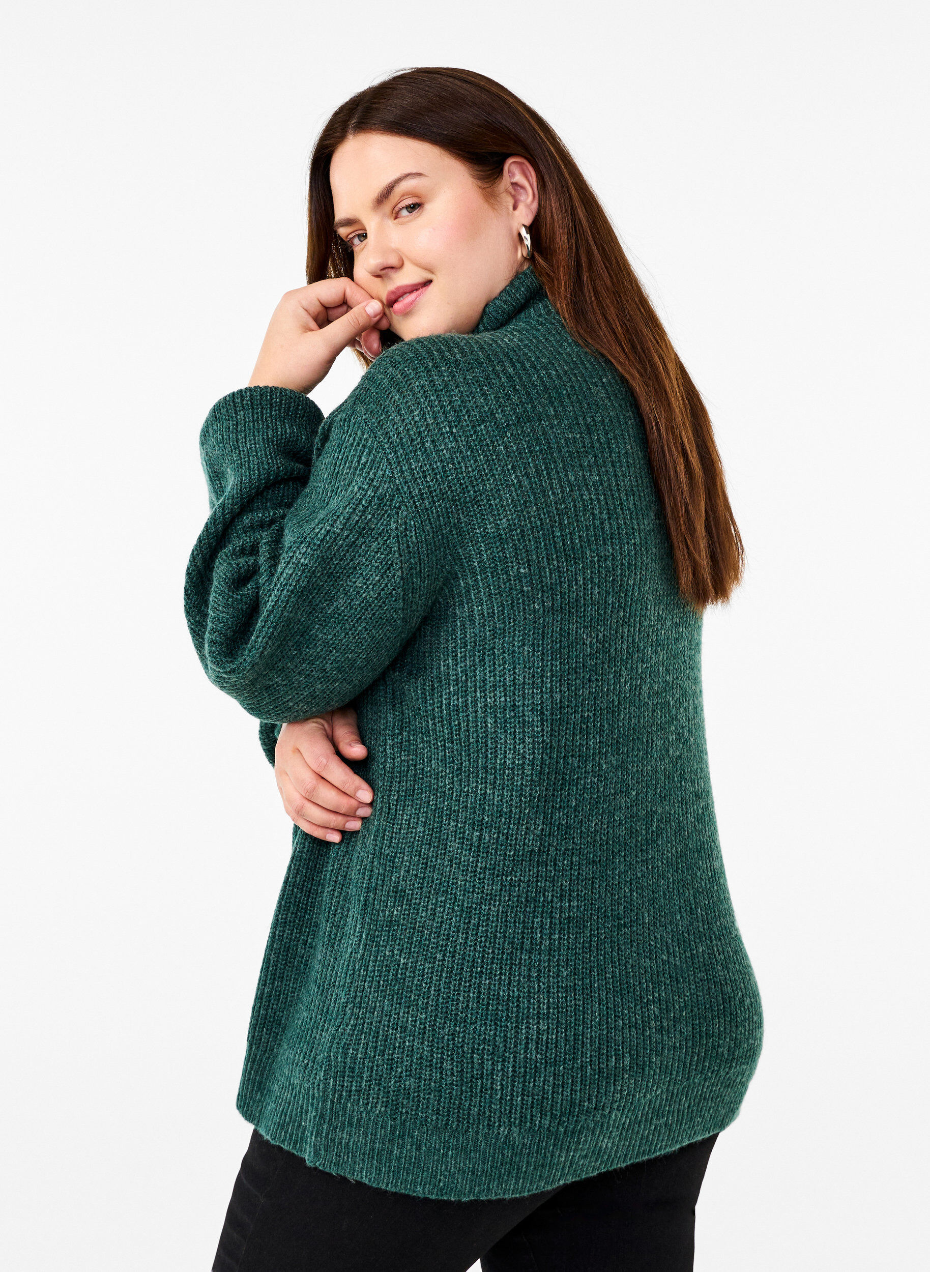 Zizzi FLASH - Pull en tricot avec col haut et fermeture &eacute;clair, Vert fonc&eacute;, Model image number 2